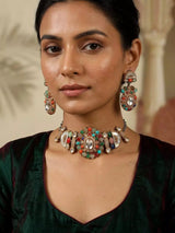 Multicolour Floral Alloy Choker and Earrings Set