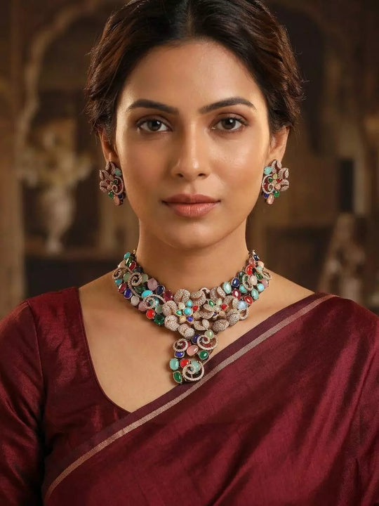 Floral Choker Necklace Set with Earrings in Antique Finish