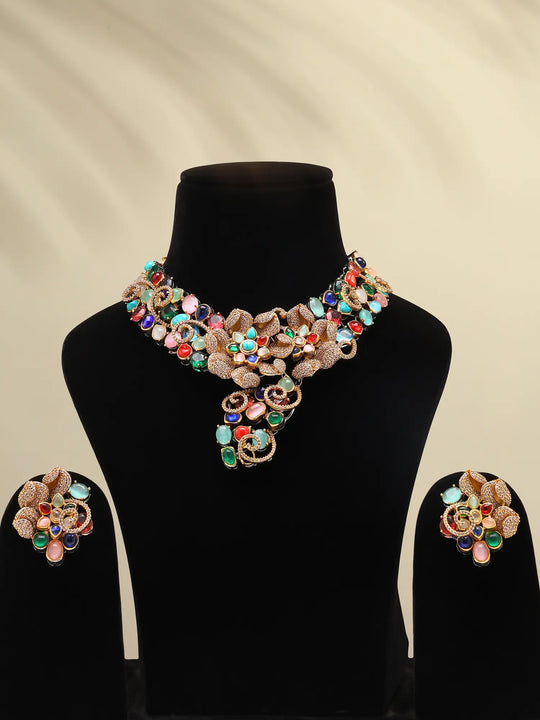 Floral Choker Necklace Set with Earrings in Antique Finish