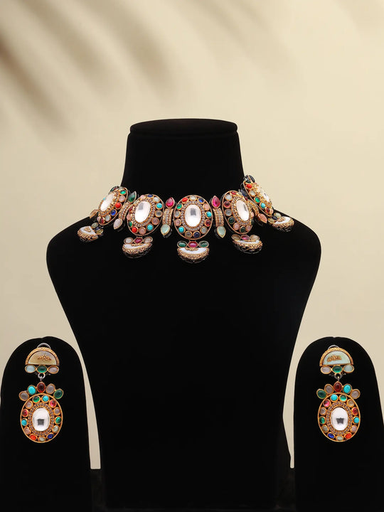 Multicolour Meenakari Choker Necklace Set with Earrings