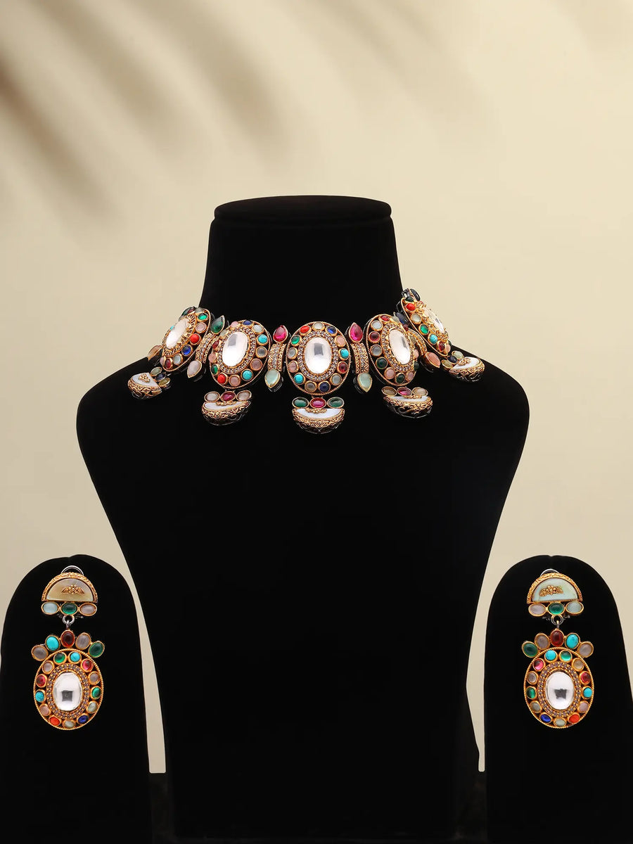 Multicolour Meenakari Choker Necklace Set with Earrings