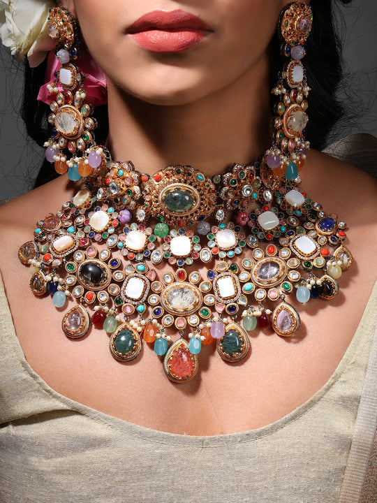 Padmavati Multi-Stone Studded Choker Necklace Set with Earrings