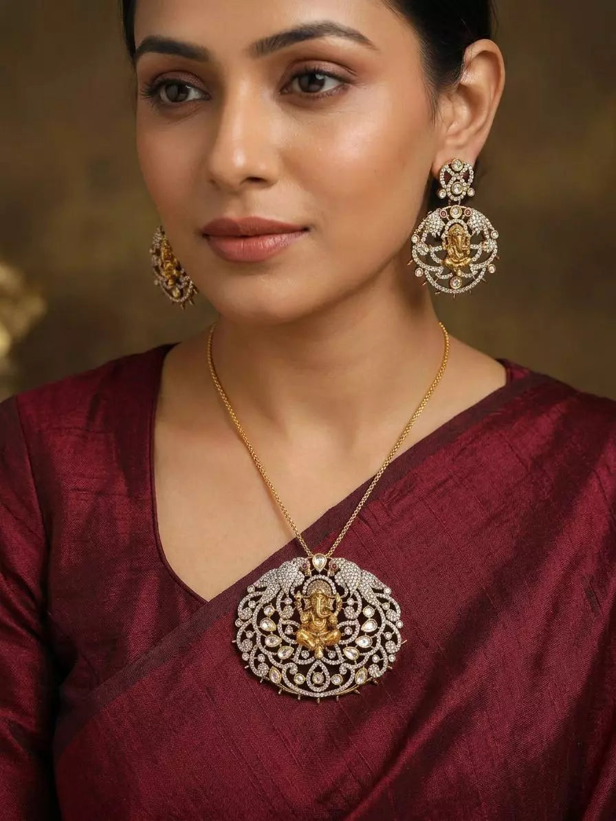 Lord Ganesha Stone Studded Pendant and Earrings Set
