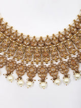 Ivory and Gold Stone Studded Brass Necklace Set with Earrings and Maang Tikka
