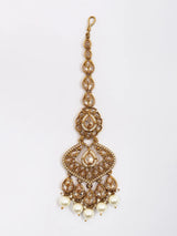 Ivory and Gold Stone Studded Brass Necklace Set with Earrings and Maang Tikka