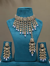 Brass Stone Studded Choker Necklace Set with Earrings and Maang Tikka