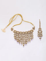Brass Stone Studded Choker Necklace Set with Earrings and Maang Tikka