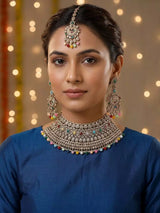 Multicolour Stone Studded Brass Choker Necklace Set with Earrings and Maang Tikka