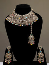 Multicolour Stone Studded Brass Choker Necklace Set with Earrings and Maang Tikka