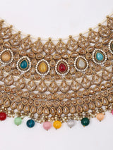Multicolour Stone Studded Brass Choker Necklace Set with Earrings and Maang Tikka