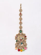 Multicolour Stone Studded Brass Choker Necklace Set with Earrings and Maang Tikka