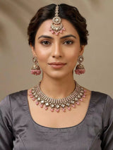 Beaded Stone Studded Brass Necklace Earrings Maang Tikka Set