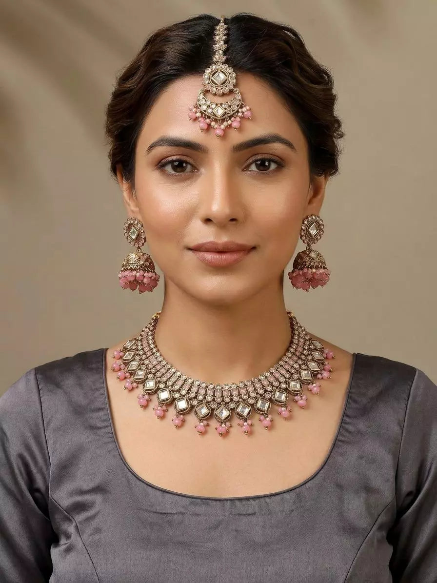 Beaded Stone Studded Brass Necklace Earrings Maang Tikka Set