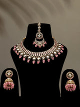 Beaded Stone Studded Brass Necklace Earrings Maang Tikka Set