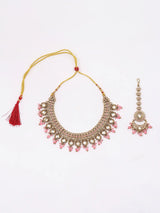Beaded Stone Studded Brass Necklace Earrings Maang Tikka Set