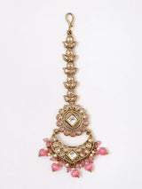 Beaded Stone Studded Brass Necklace Earrings Maang Tikka Set