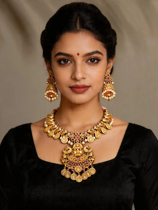 Goddess Lakshmi Temple Brass Necklace and Earrings Set