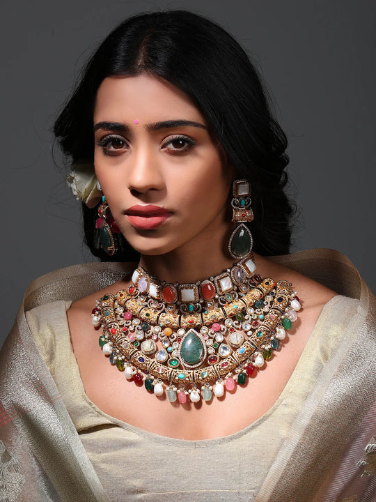 Multicolour Stone and Drop Bead Choker and Earrings Set