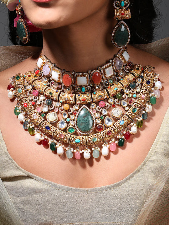 Multicolour Stone and Drop Bead Choker and Earrings Set