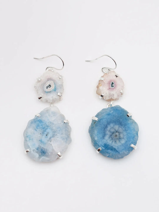 White and Blue Solar Druzy Sterling Silver Dangle Earrings