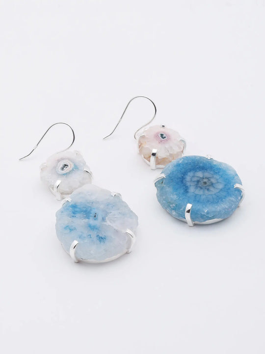 White and Blue Solar Druzy Sterling Silver Dangle Earrings