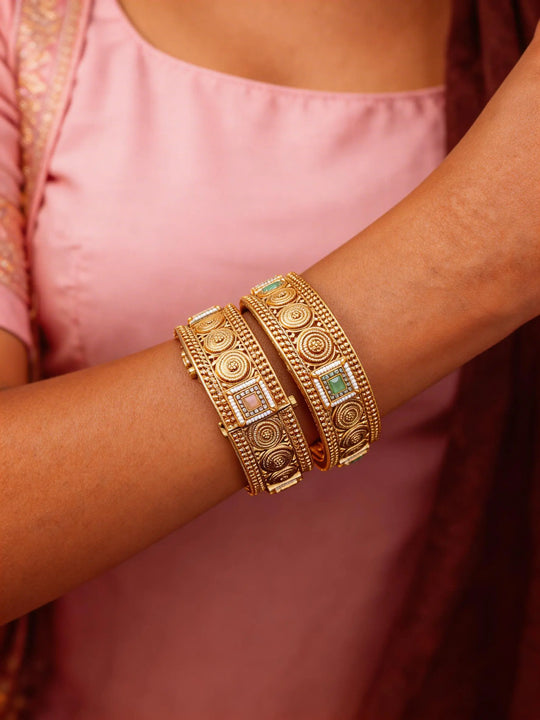 Stone Studded and Beaded Copper Openable Pair of Bangles