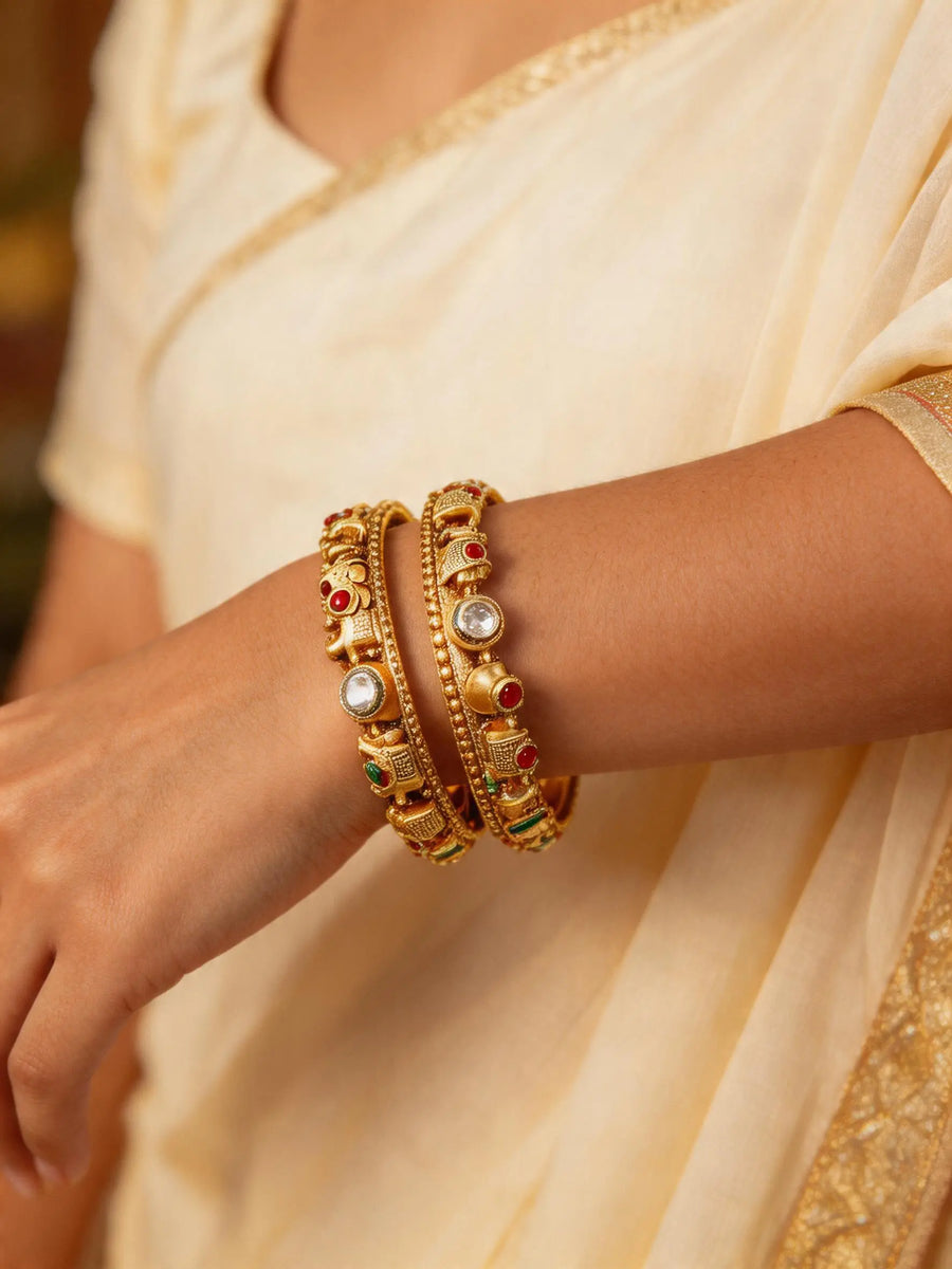 Elephant Motif Stone Studded Copper Pacheli Bangles Set of 2