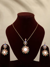Floral Multicolour Stone Studded Pendant and Earrings Set