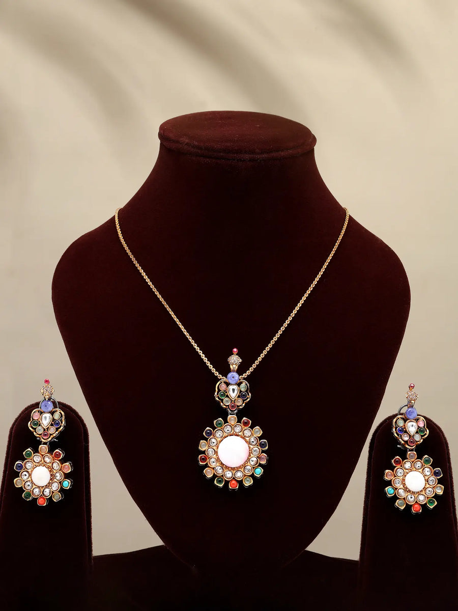 Floral Multicolour Stone Studded Pendant and Earrings Set