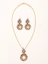 Floral Multicolour Stone Studded Pendant and Earrings Set