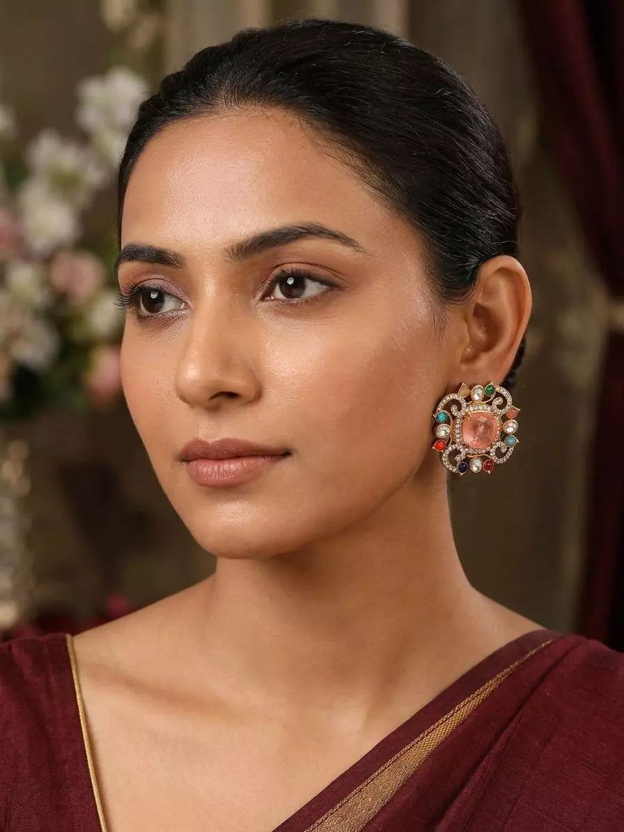 Square Multi Stone Studded Stud Earrings