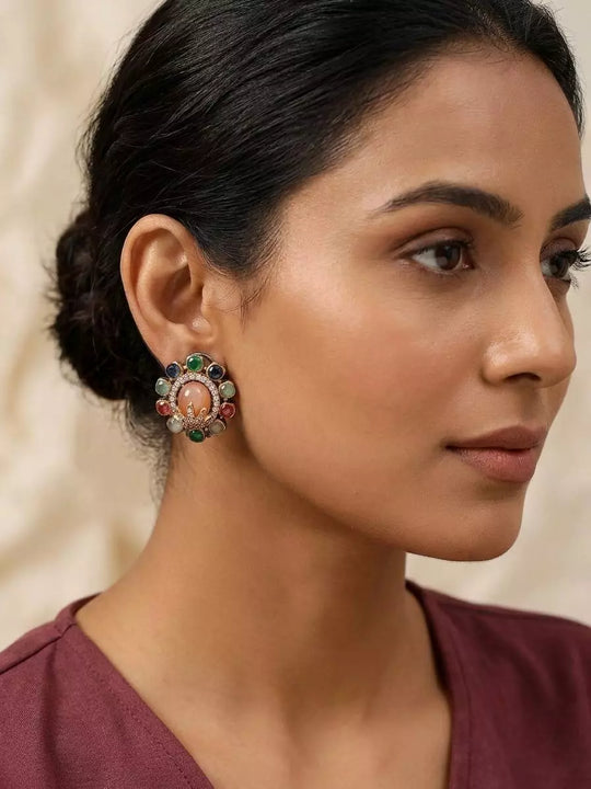 Rose Gold Floral Multi Gemstone Studded Earrings