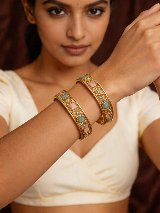 Pink and Green Stone Studded Copper Openable Bangles