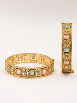 Pink and Green Stone Studded Copper Openable Bangles