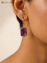Rectangular Star Amethyst Gold Plated Silver Hook Earrings