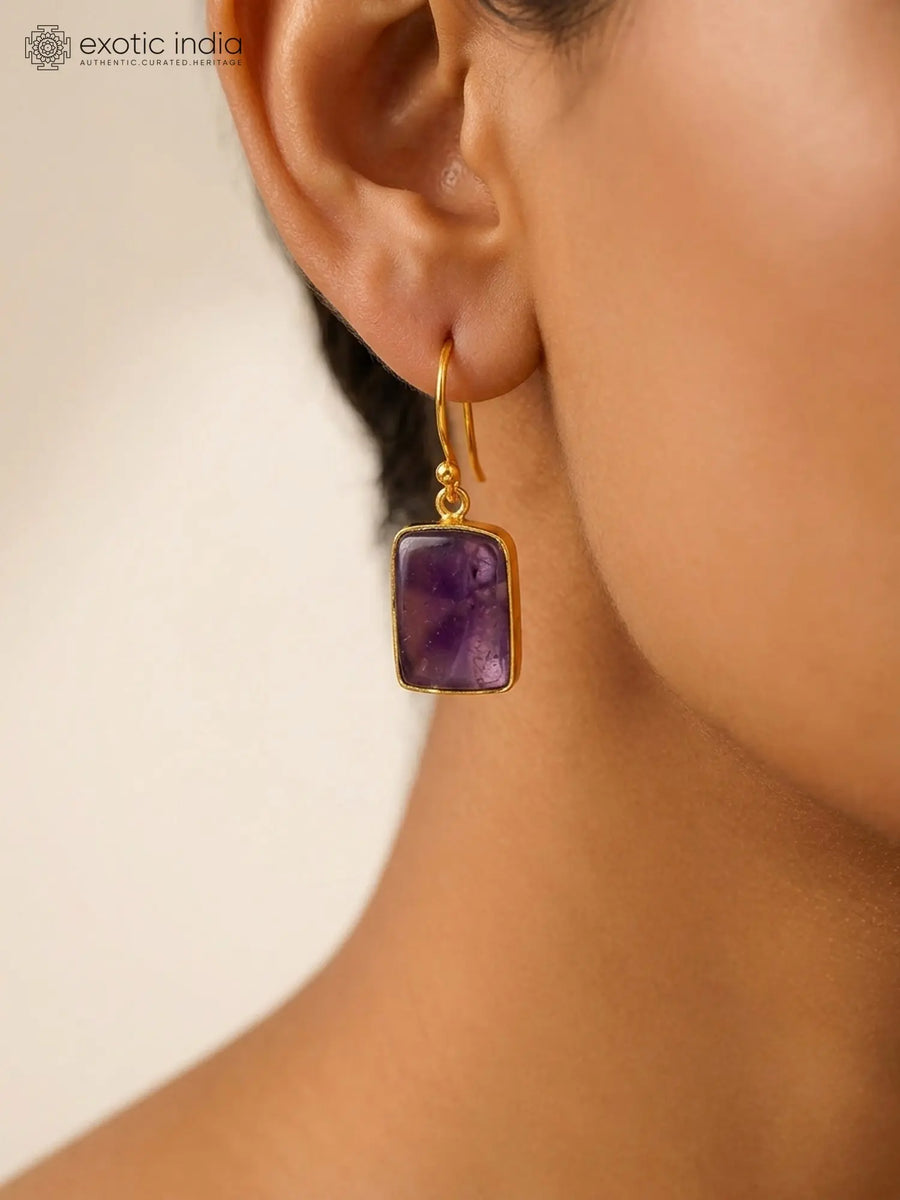Rectangular Star Amethyst Gold Plated Silver Hook Earrings