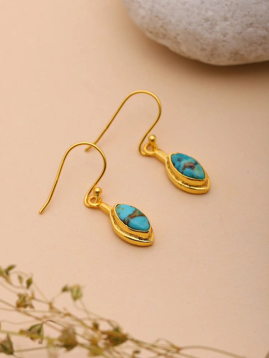 Marquise Tibetan Turquoise Gold Plated Silver Earrings