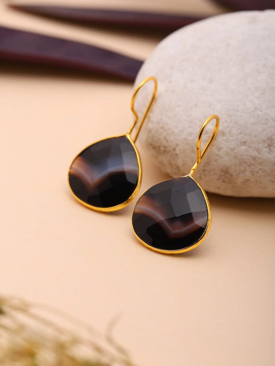 Faceted Banded Agate Gold Plated Silver Hook Earrings