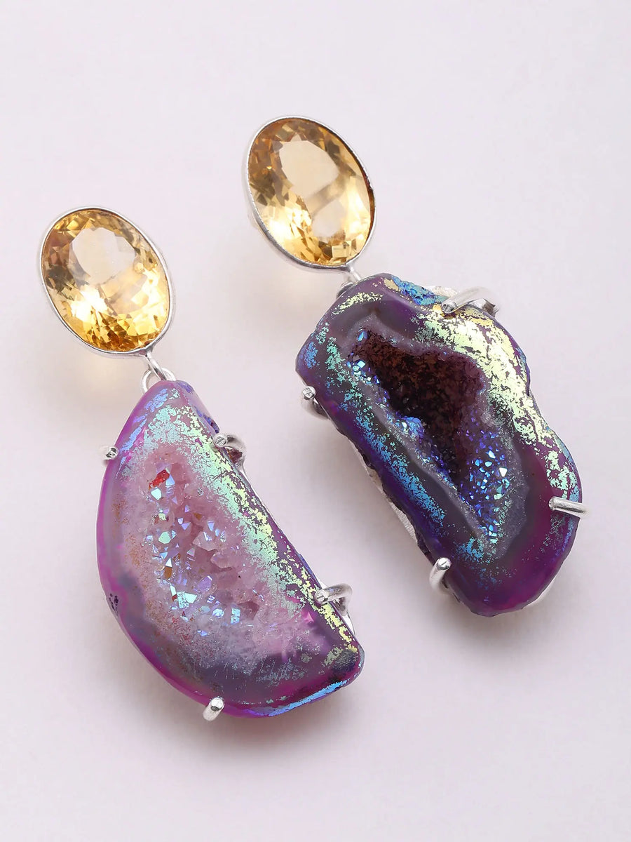 Citrine and Purple Druzy Sterling Silver Dangle Earrings