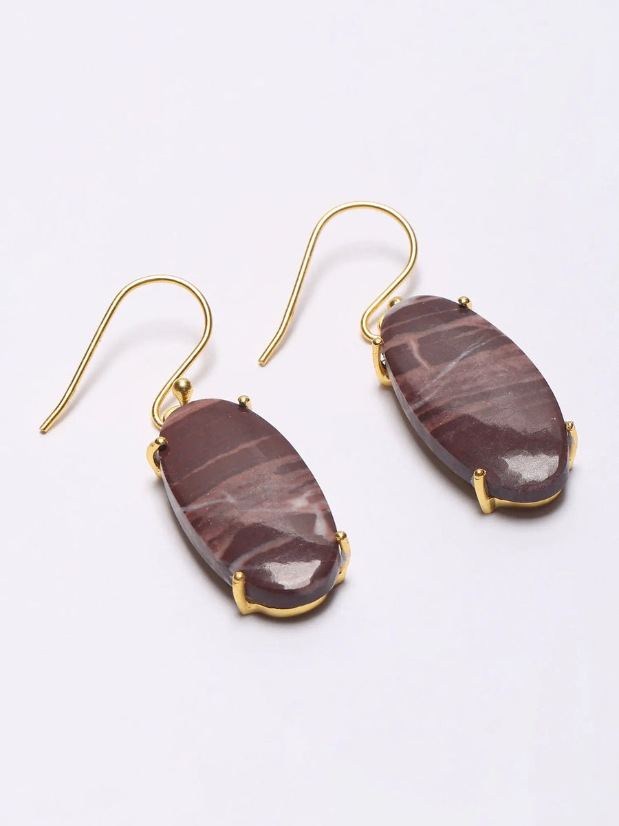 Oval Kona Jasper Gold Plated Sterling Silver Hook Earrings