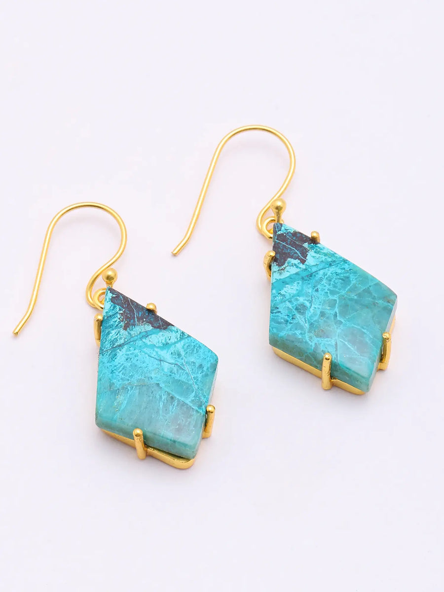 Kite Shaped Chrysocolla Gold Plated Sterling Silver Earrings