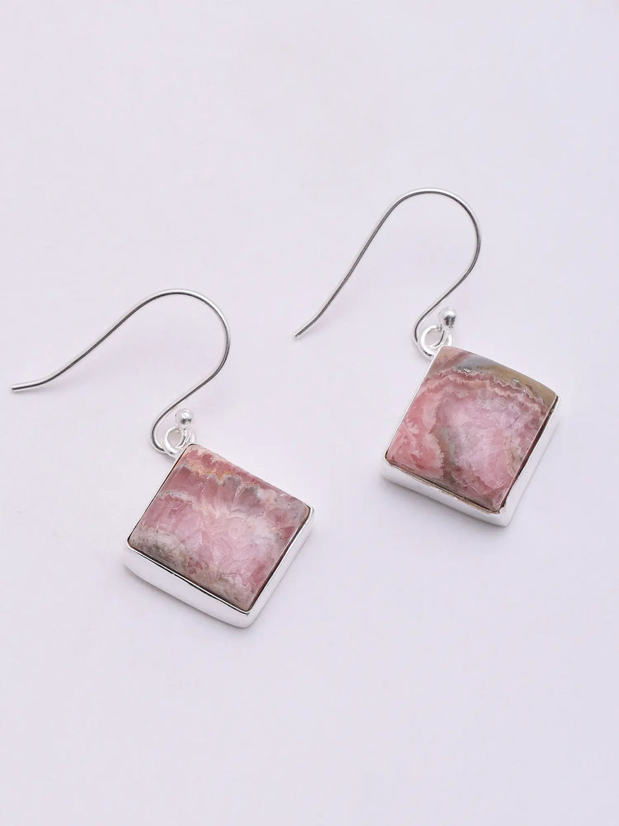 Rhodochrosite Rhombus Sterling Silver Hook Earrings