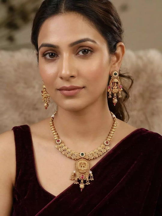 Goddess Lakshmi Temple Brass Necklace Set with Earrings