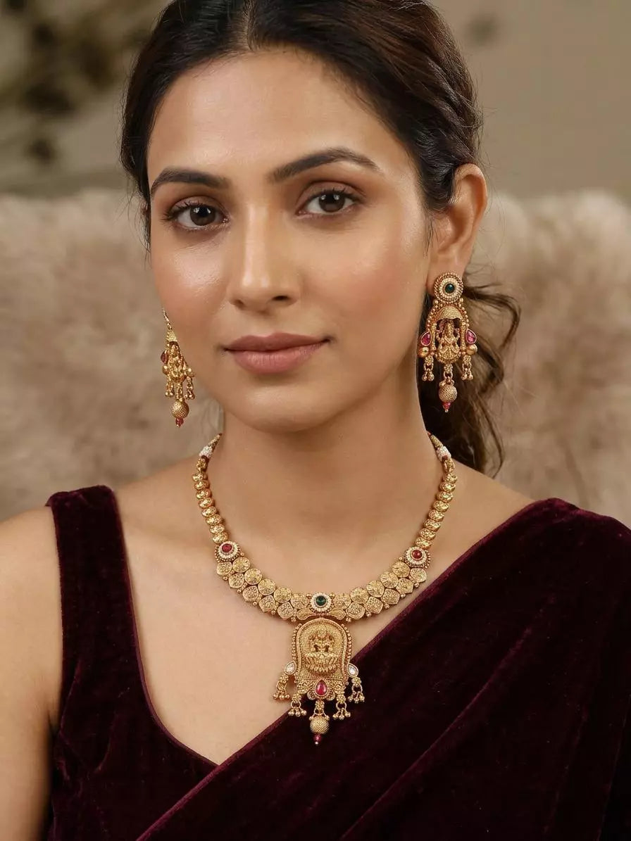 Goddess Lakshmi Temple Brass Necklace Set with Earrings
