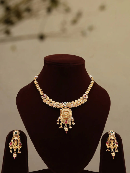 Goddess Lakshmi Temple Brass Necklace Set with Earrings