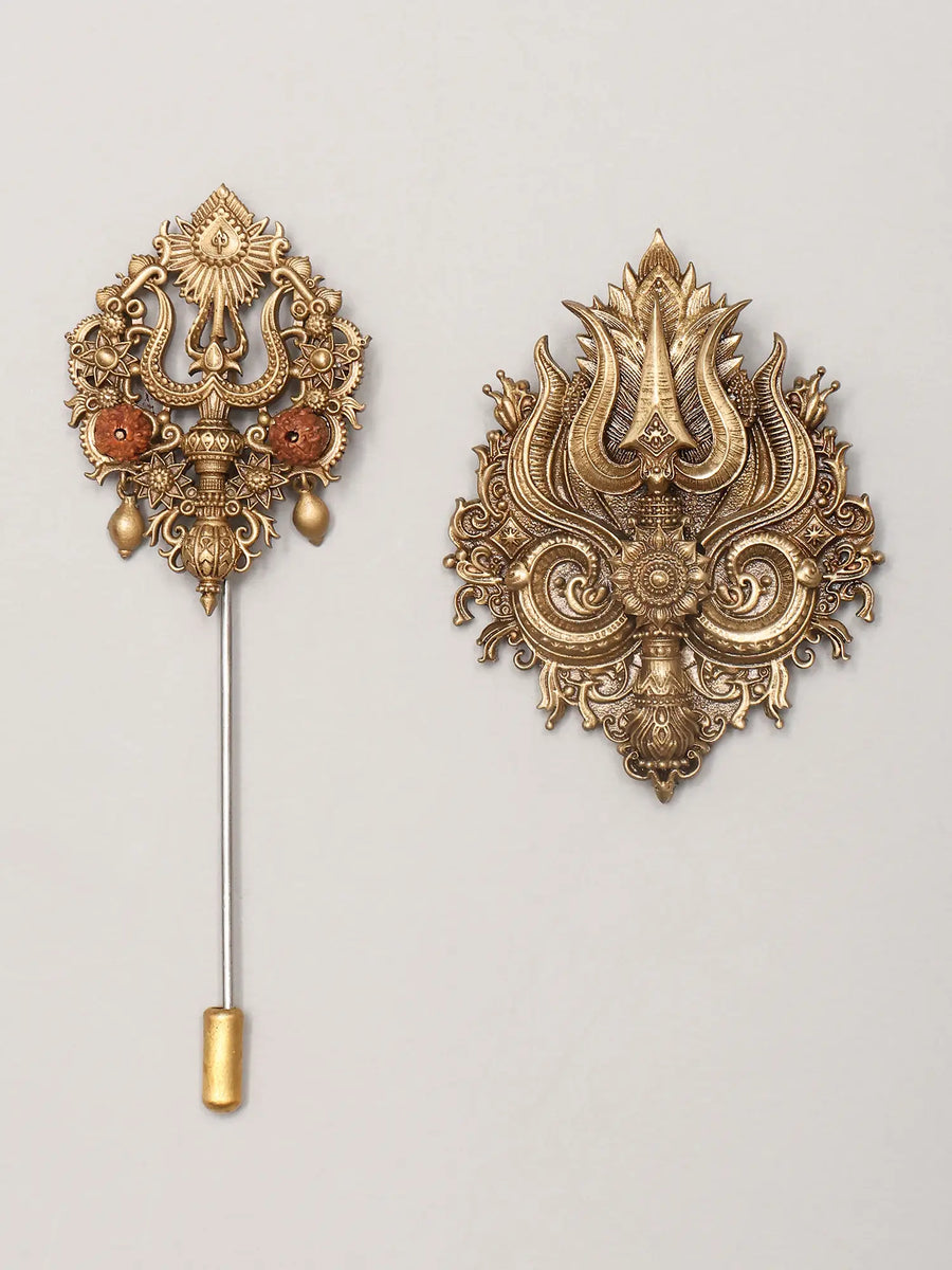 Rudraksha and Trishul Brass Lapel Pin and Brooch Set