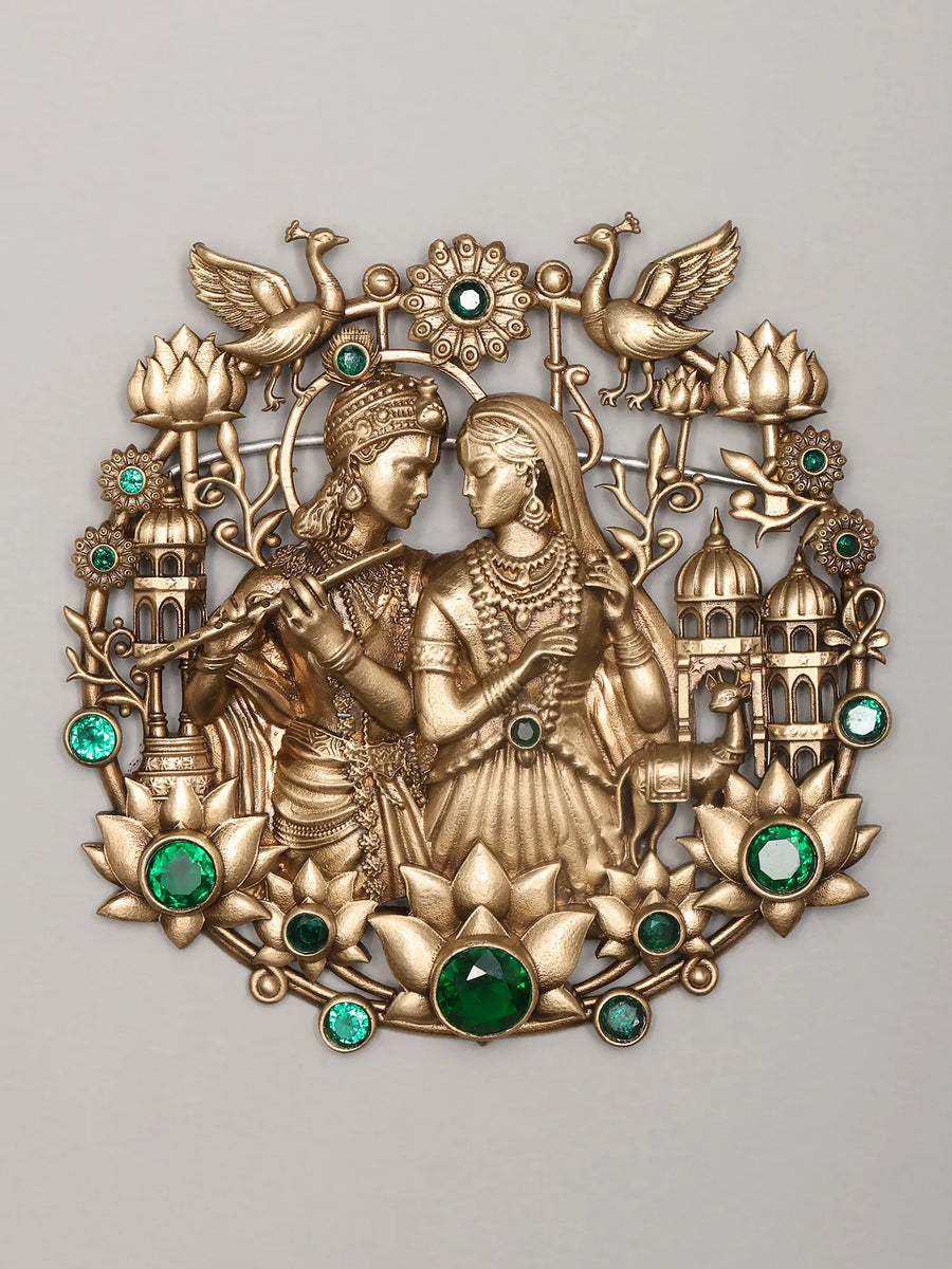 Radha Krishna Stone Studded Brass Brooch