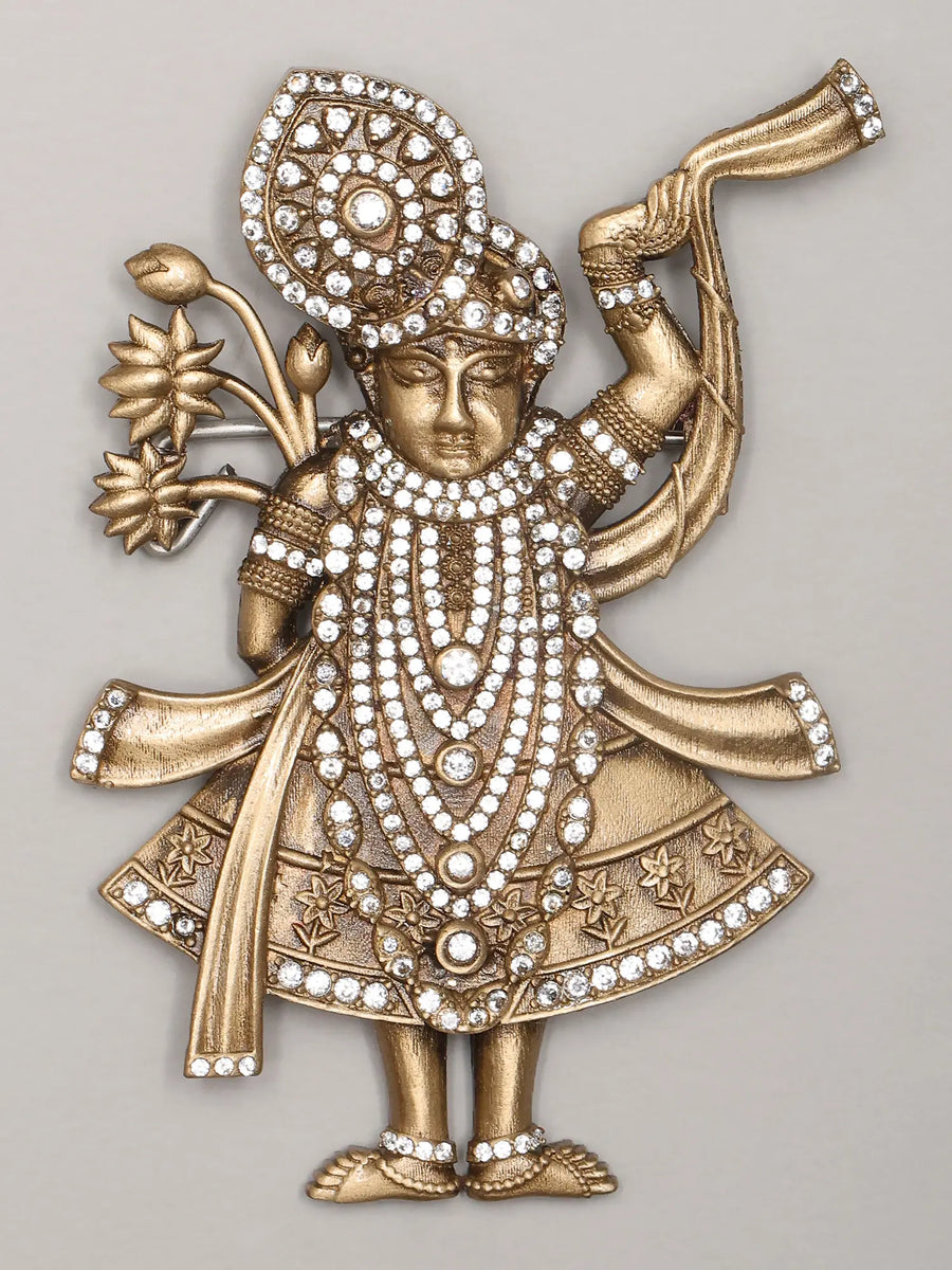Shrinathji Deity Stone Studded Brass Brooch