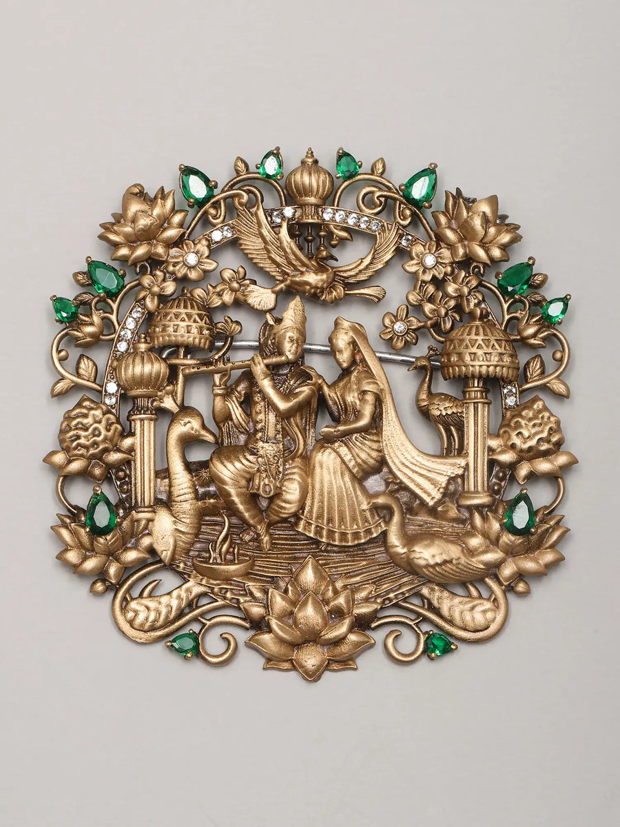 Radha Krishna Brass Brooch with Fluted Stone Setting
