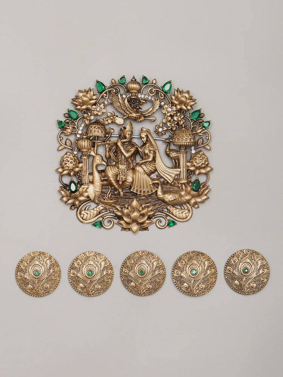 Radha Krishna and Peacock Feather Brass Brooch Button Set